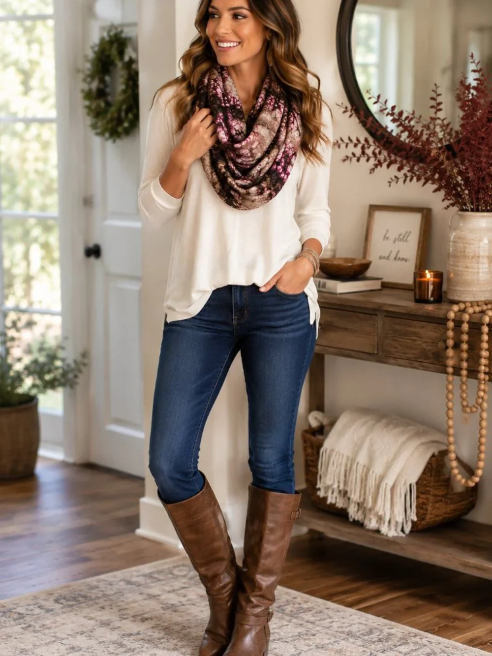 Apt. 9 Infinity Scarf Brown Floral Abstract Boho Burgundy Lightweight